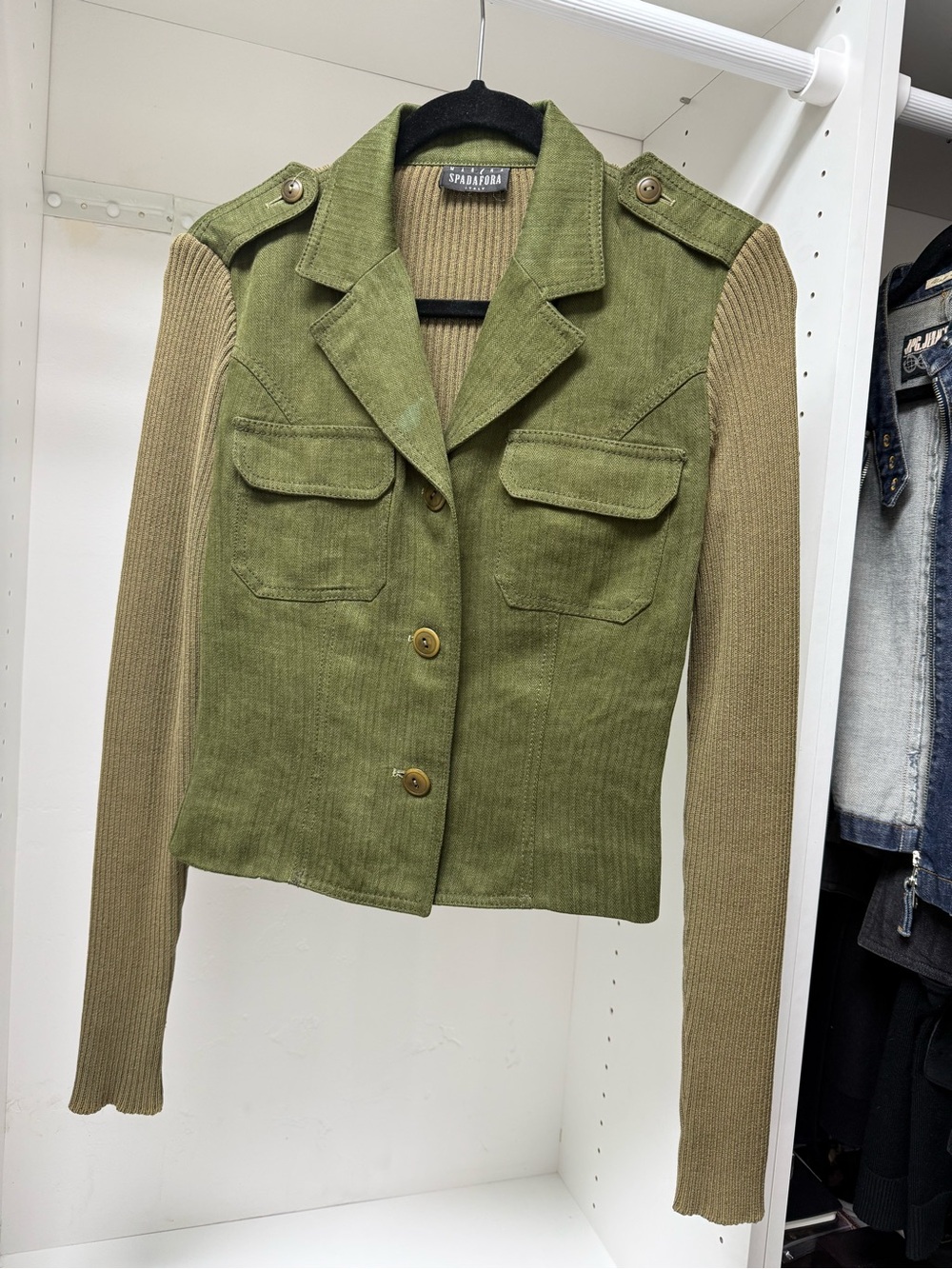 Olive Green Military-Inspired Utility Jacket with Tan Knit Sleeves